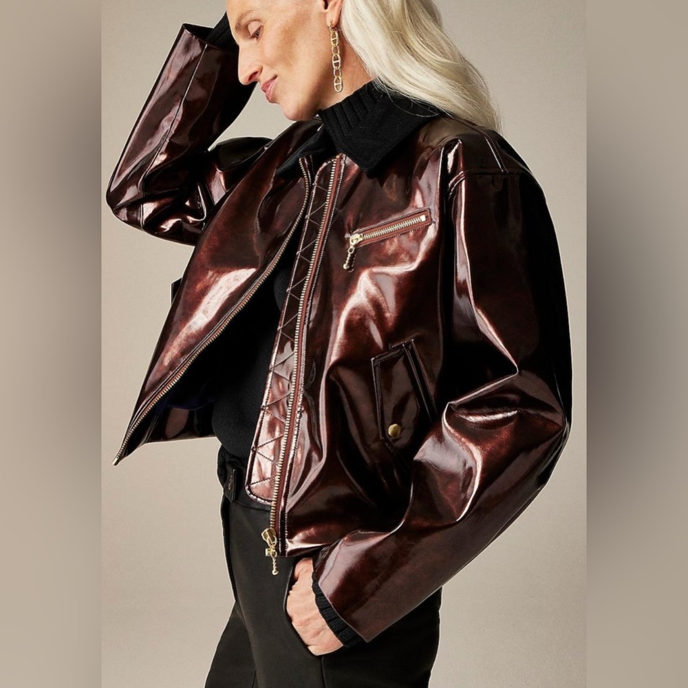 J. Crew Brown Lacquered Jacket w Cord Collar